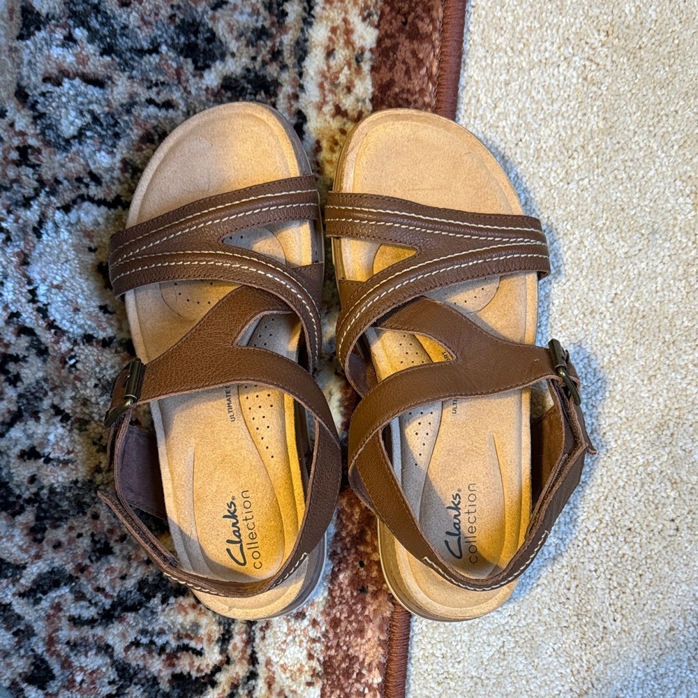 Clarks Tan and Brown Strappy Sandals